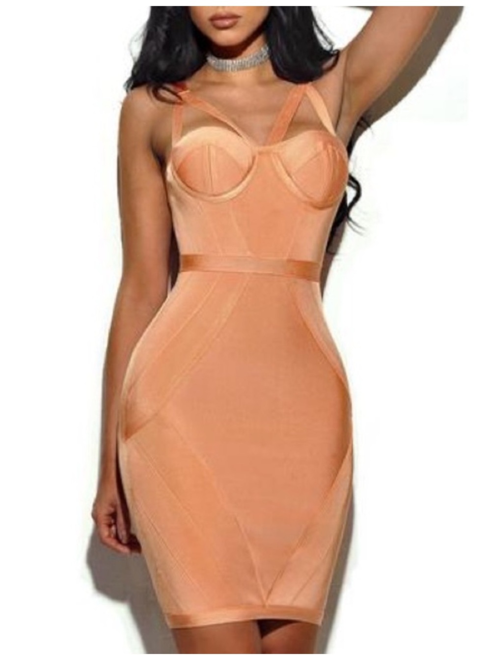 Miss Circle Sleeveless Peach Bandage Mini Dress with Sculpted Bust